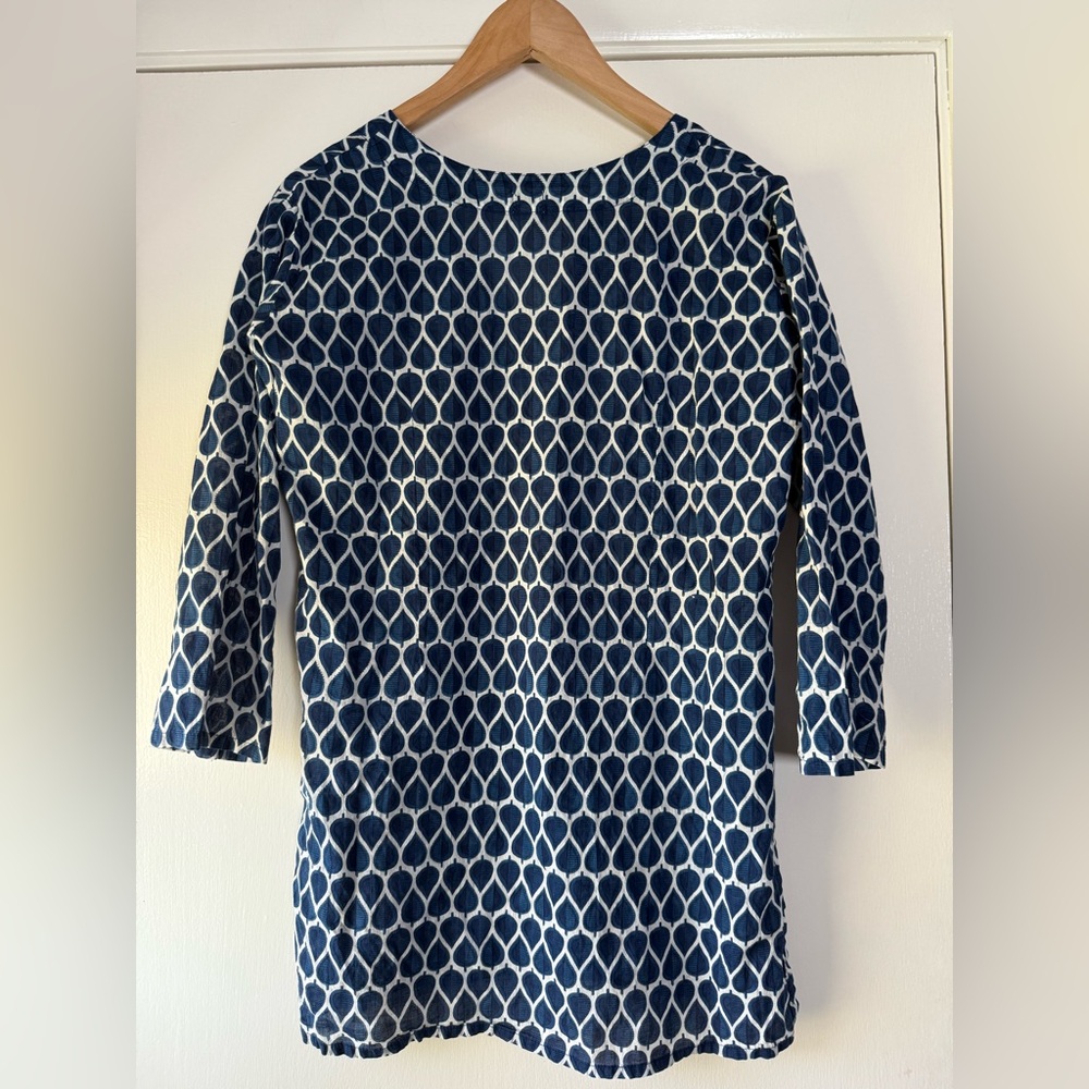Dolma Block Print 100% Cotton Blouse Navy Blue White Teardrop Boho Chic Coastal - Picture 5 of 6